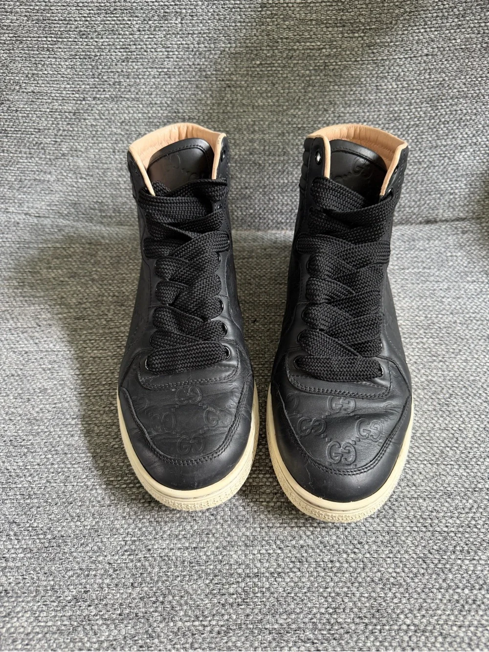Gucci Black Embossed Leather High-Top Sneakers with Cream Sole